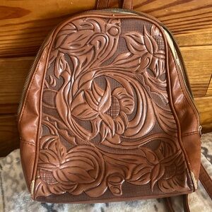 Brown Embossed Leather Backpack